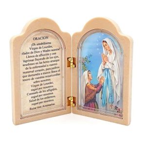 Díptico Virgen de Lourdes con oración, capilla "Protégeme"