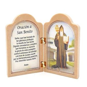 Díptico san Benito, con oración, capilla "Protégeme"