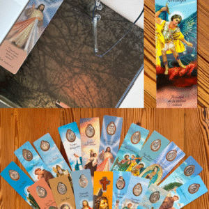 Punt de llibre amb medalla metàl·lica i oració, diverses devocions