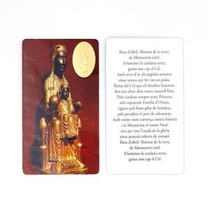 Estampa de la Mare de Déu de Montserrat amb medalla daurada, plastificada i amb pregària