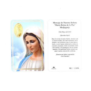 Estampa Maria Reina de la Pau Medjugorje, medalla daurada, plastificada i amb pregària