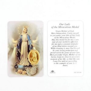 Estampa Our Lady of the Miraculous, medalla dorada, plastificada y con oración en inglés