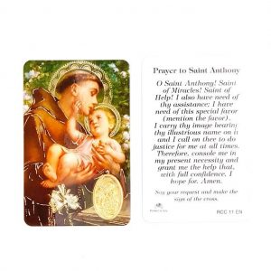 Estampa Saint Anthony of Padua, medalla dorada, plastificada y con oración en inglés