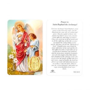 Estampa Saint Raphael the Archangel, medalla dorada, plastificada y con oración en inglés