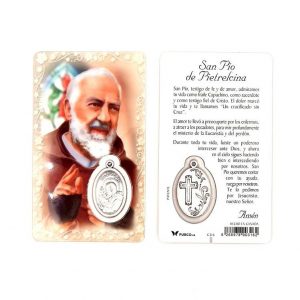 Estampa Padre Pío, medalla metálica, plastificada y con oración