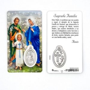 Estampa Sagrada Familia, medalla metálica, plastificada y con oración