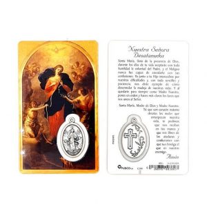 Estampa Virgen Desatanudos, medalla metálica, plastificada y con oración