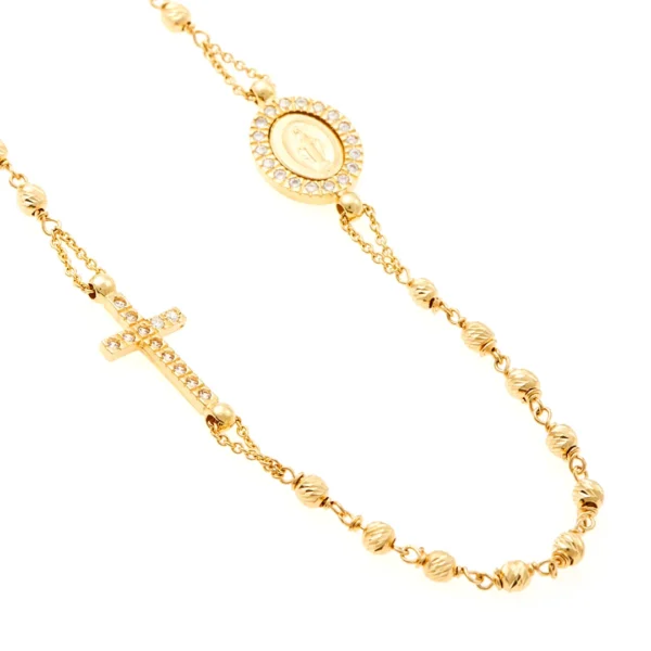 rosario oro 18k y circonitas transparentes detalle medalla milagrosa y cruz